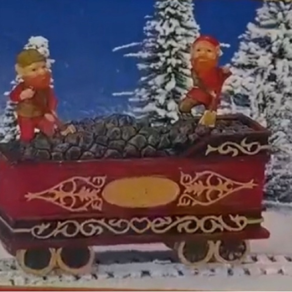 World Baazars Train Coal Car W/Elves Brown/Red/Green/Gold/Black EUC